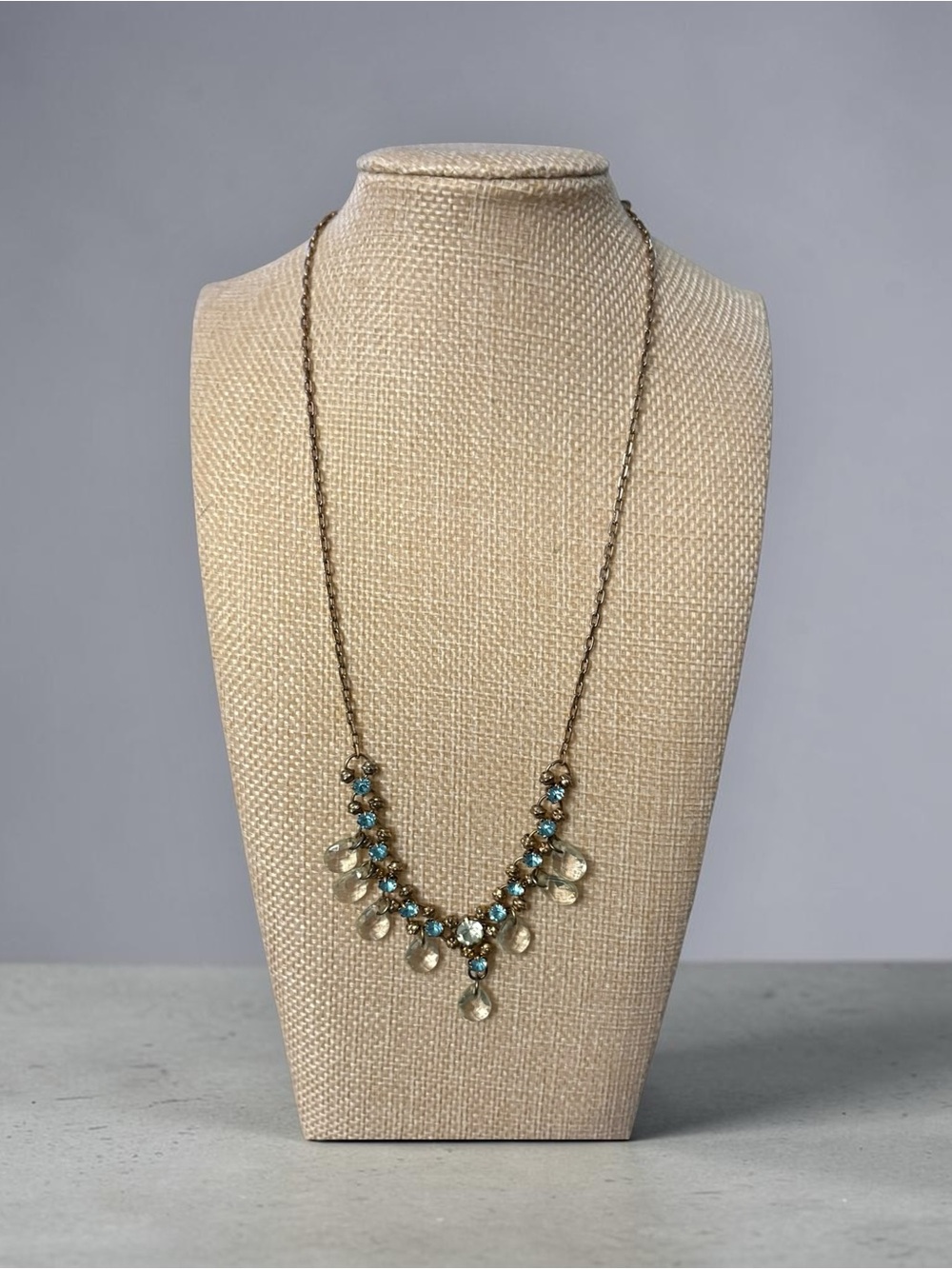 🦖 5 for $20 Festoon Dangle Necklace – Blue Rhinestone & Smoky teardrop beads